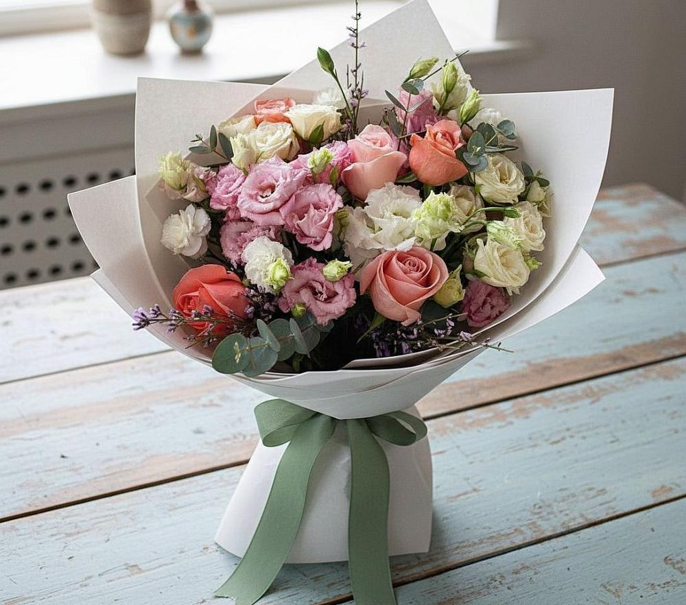 Букет цветов из: Розы, Лизиантусы и Гвоздики в Партизанске