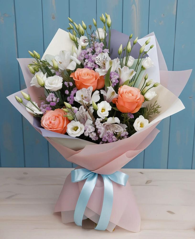 Букет цветов из: Лизиантусы, Розы, Альстромерии и Гипсофила в Партизанске